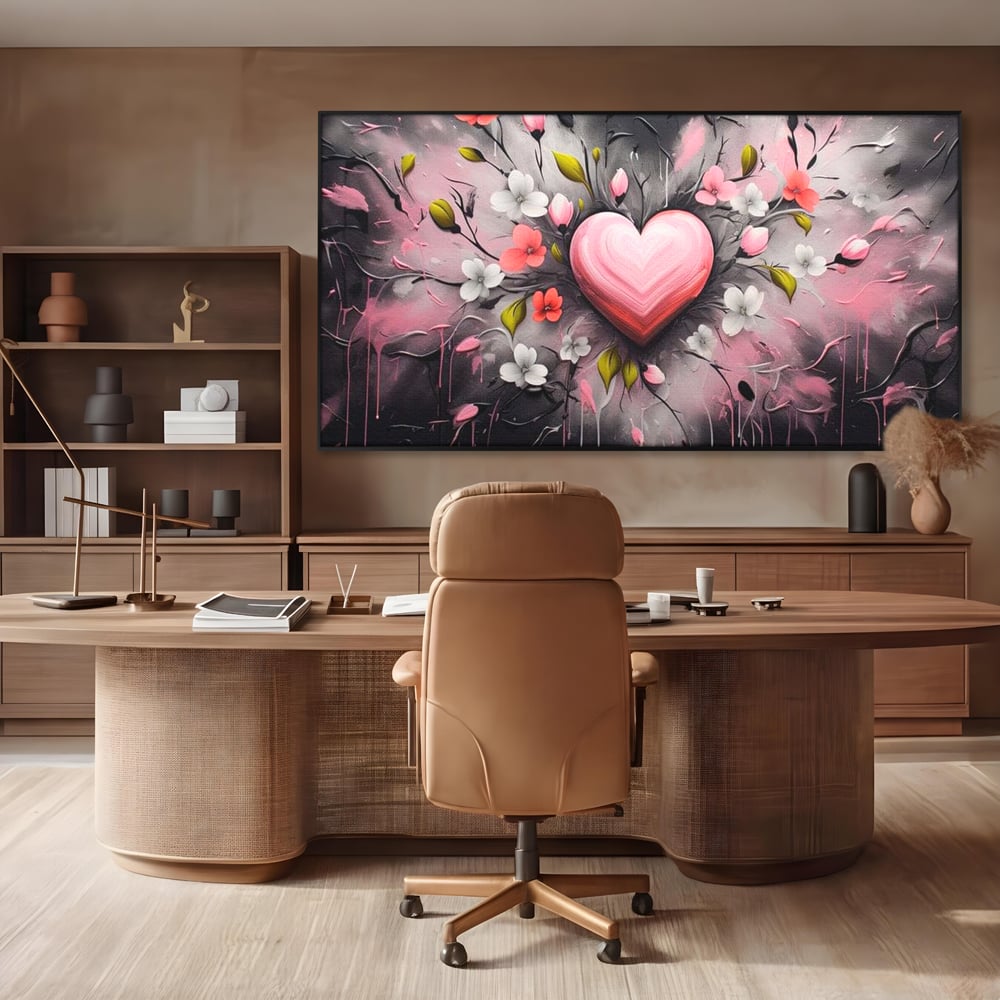 Tablou canvas cu tablou canvas cu inima roz si flori, in rama de aluminiu negru, pe perete intr-un birou